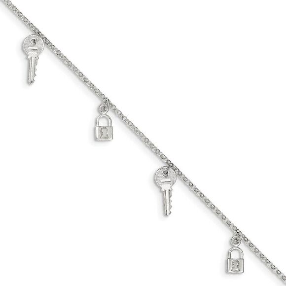 Sterling Silver Lock and Key Charm Anklet, 10 Inch - Picture 1 of 5
